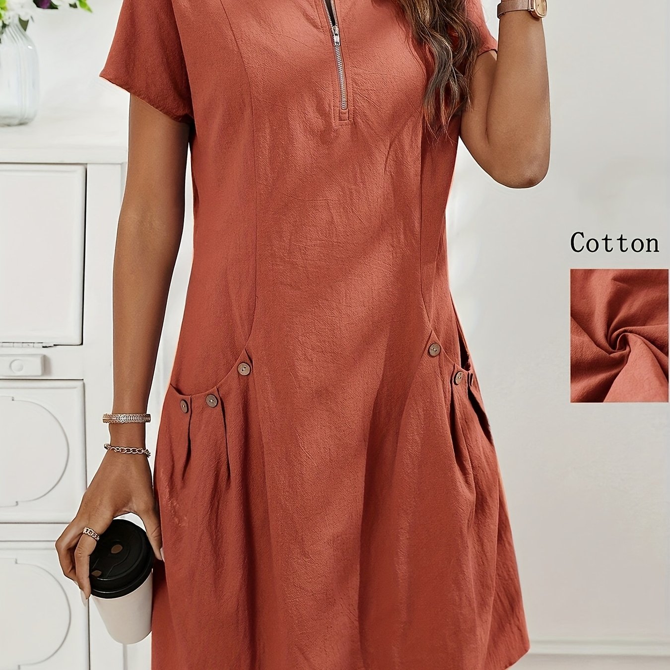 Lässiges Midikleid für Damen mit Reißverschluss und Taschen