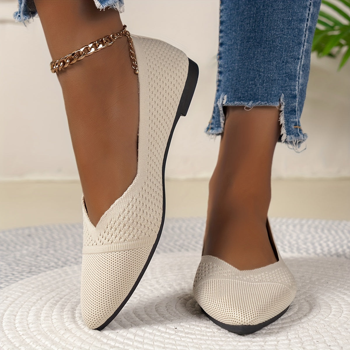 Damen-Strick-Ballerinas mit spitzer Zehenpartie für täglichen Komfort