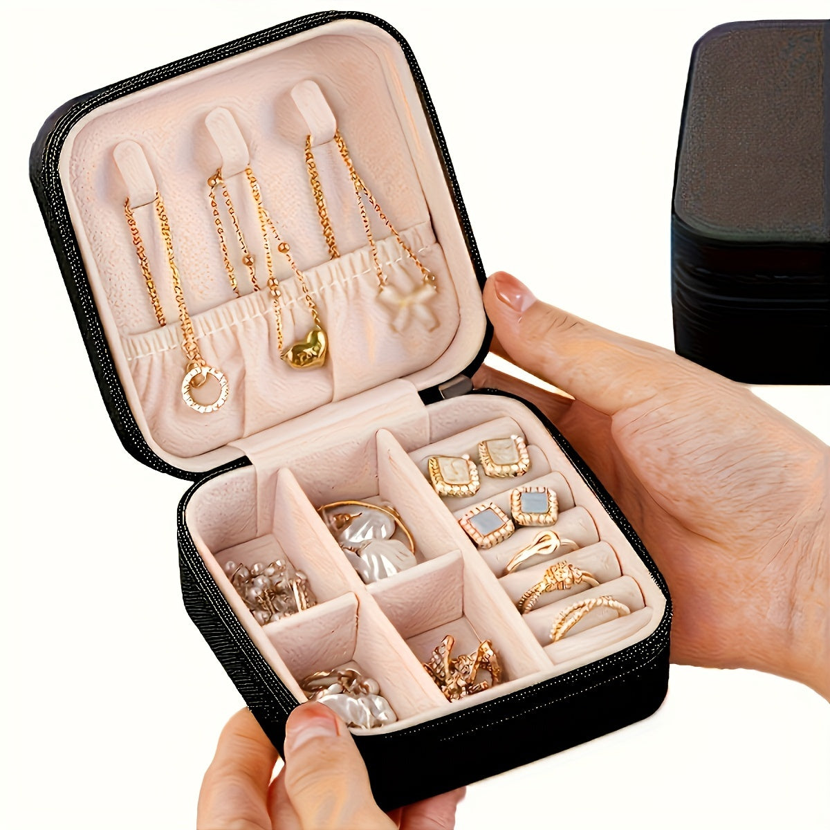 Luxurious Faux Leather Jewelry Organizer Box with Zipper and Multiple Compartments