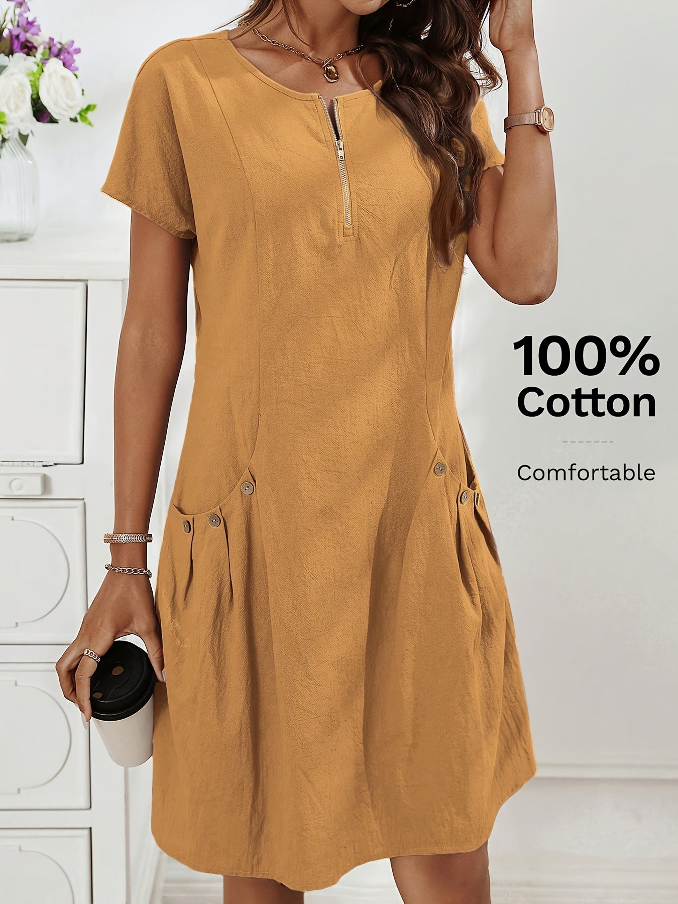 Lässiges Midikleid für Damen mit Reißverschluss und Taschen