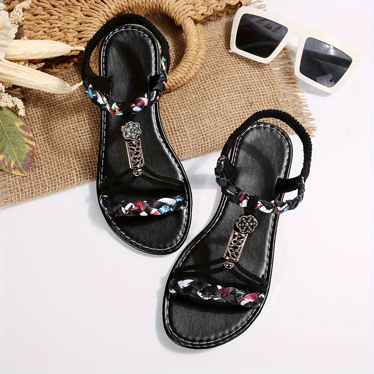 Women's Lightweight Braided Sandals with Elastic Strap and Non-Slip Sole