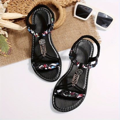 Women's Lightweight Braided Sandals with Elastic Strap and Non-Slip Sole