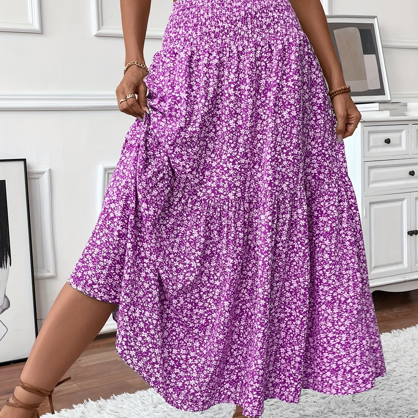 DP021742 Women's Casual Ditsy Floral Elastic Waist Pocket Skirt