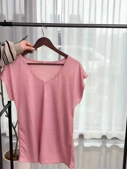Bottom Board - 5 Solid Color V-Neck T-Shirts, Casual Short-Sleeved T-Shirts Spring And Summer, Women'S Clothing