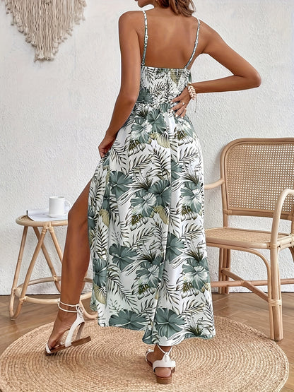 Elegantes Blumenkleid mit Spaghettiträgern und Schlitz