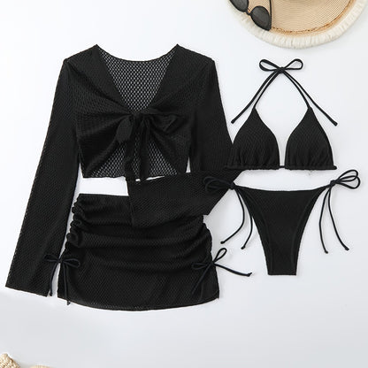 Lauvoco Women's 4-Piece Swimwear Set with Off-Shoulder Cover-Up and Mesh Skirt