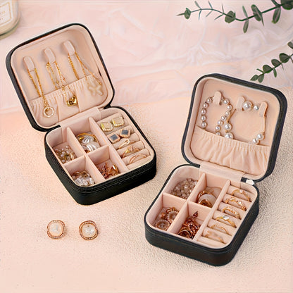 Luxurious Faux Leather Jewelry Organizer Box with Zipper and Multiple Compartments