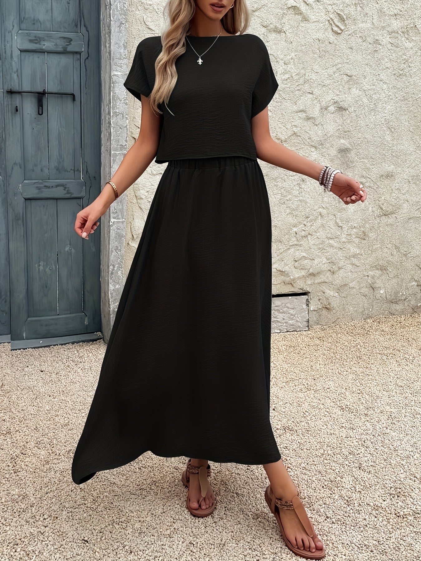 2-Piece Women's Solid Color Short Sleeve Top and Casual A-Line Skirt Set