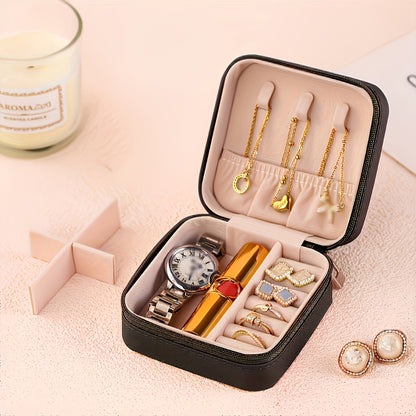 Luxurious Faux Leather Jewelry Organizer Box with Zipper and Multiple Compartments
