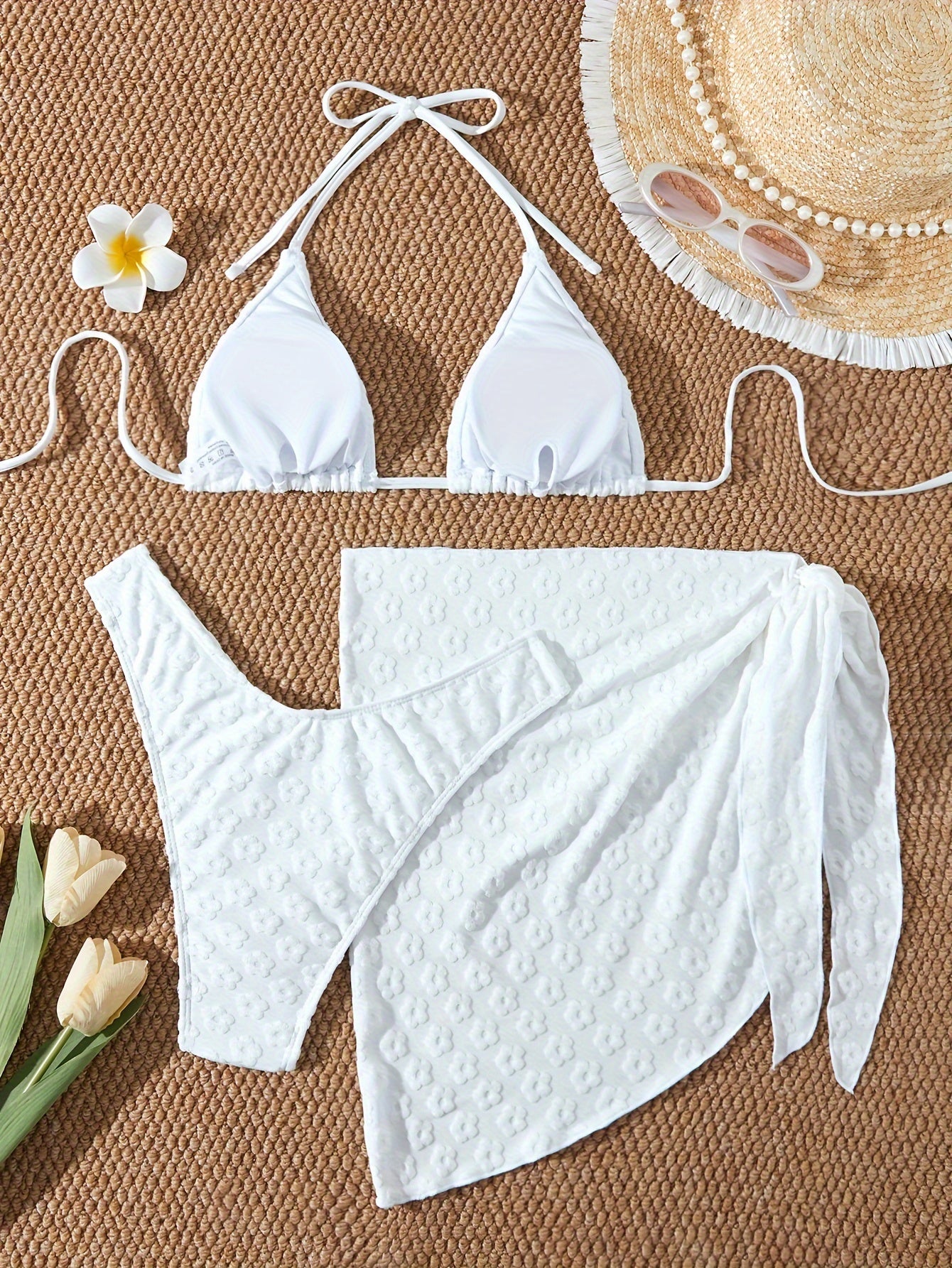 Women's Warm Color Floral Three-Piece Bikini Swimsuit
