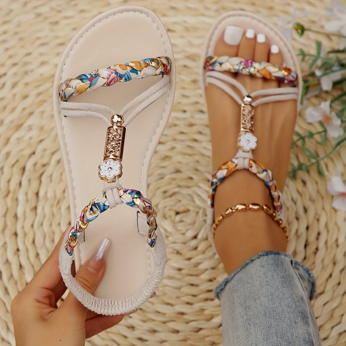Women's Lightweight Braided Sandals with Elastic Strap and Non-Slip Sole