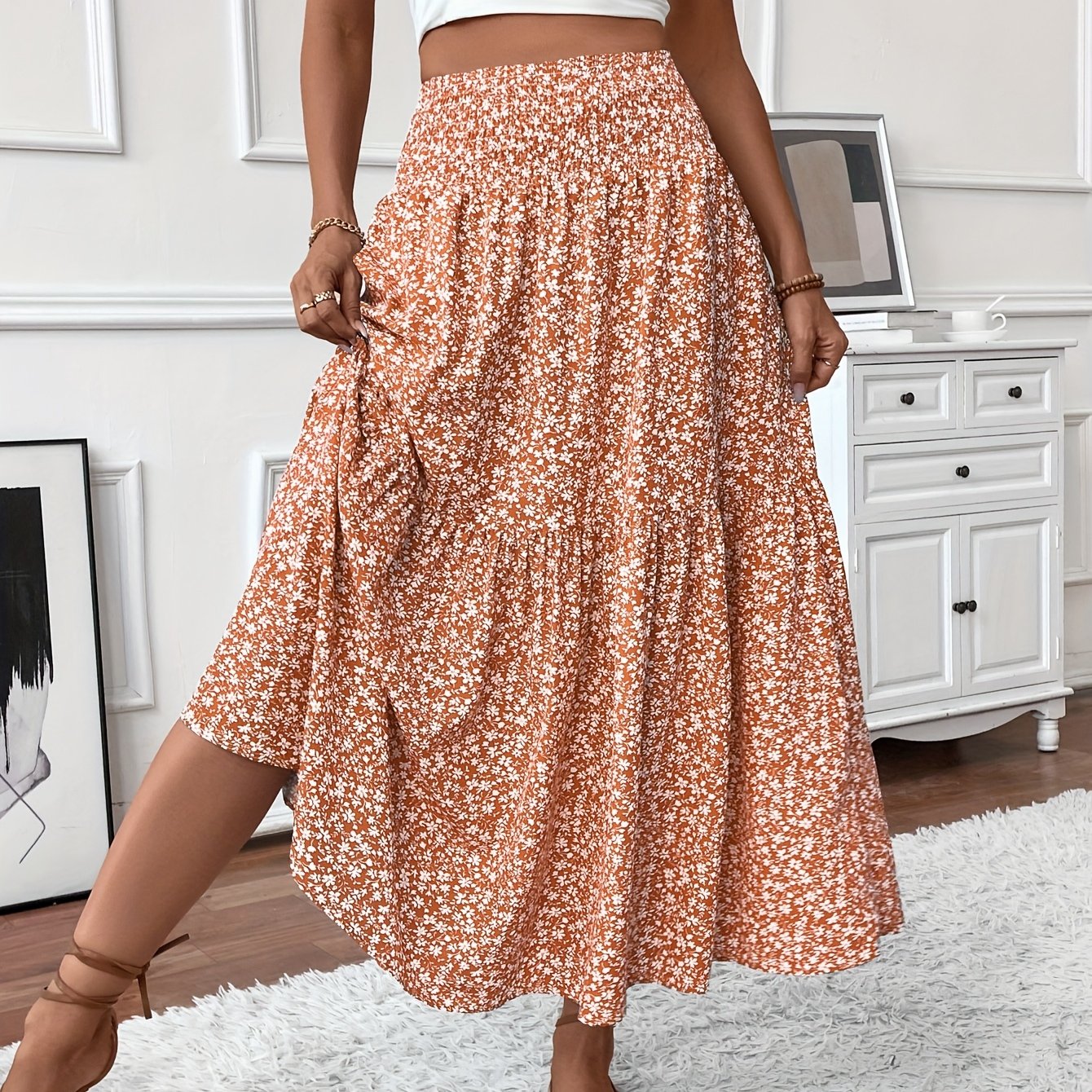 DP021742 Women's Casual Ditsy Floral Elastic Waist Pocket Skirt
