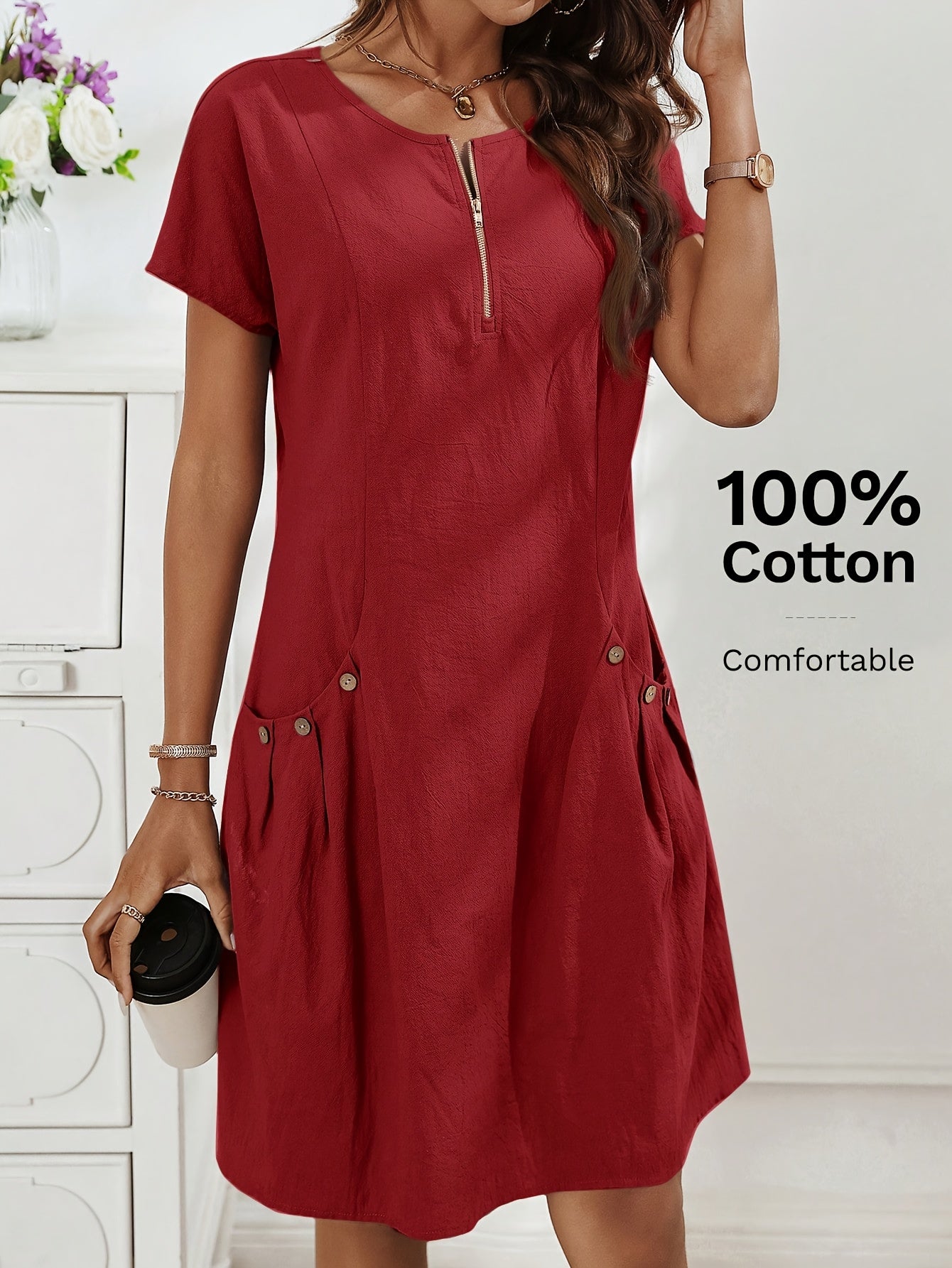 Lässiges Midikleid für Damen mit Reißverschluss und Taschen