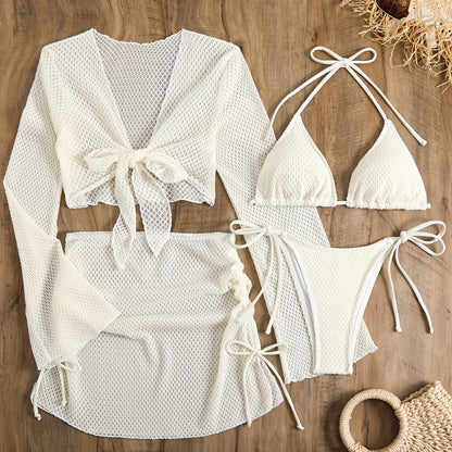 Lauvoco Women's 4-Piece Swimwear Set with Off-Shoulder Cover-Up and Mesh Skirt