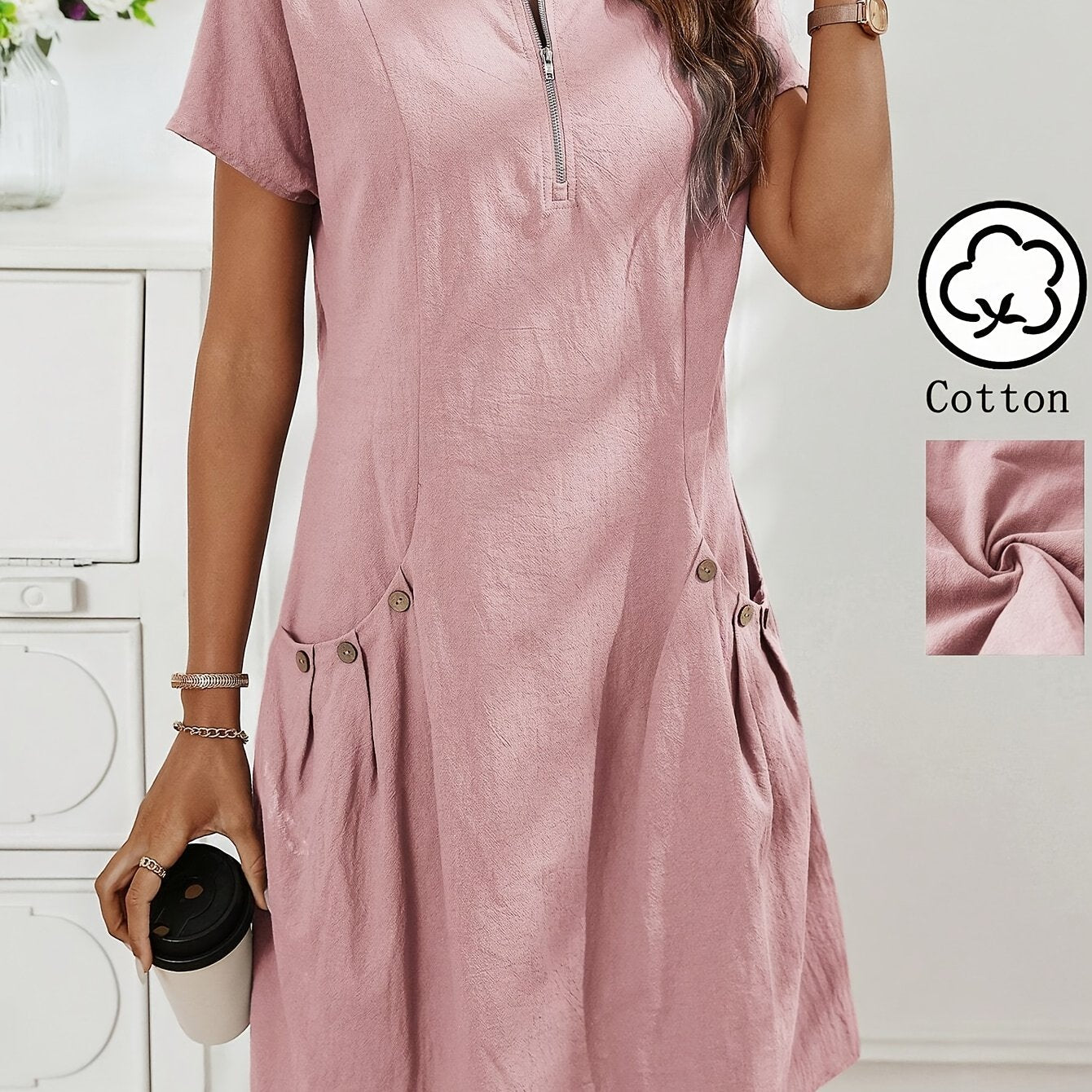 Lässiges Midikleid für Damen mit Reißverschluss und Taschen