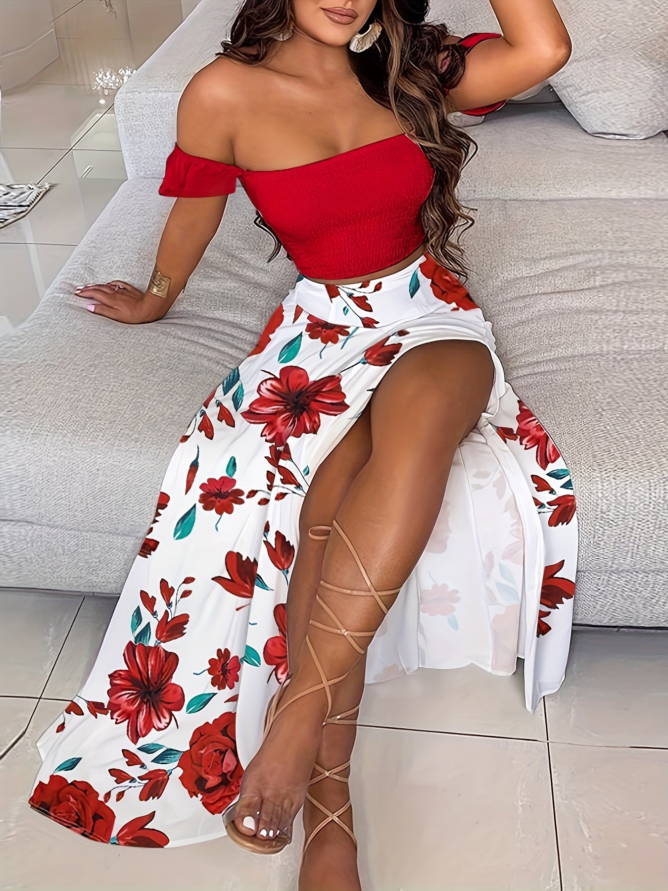 Bohemian Damen Tube Top und Midirock Set