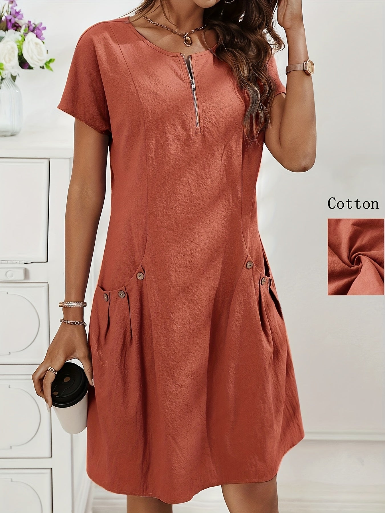 Lässiges Midikleid für Damen mit Reißverschluss und Taschen