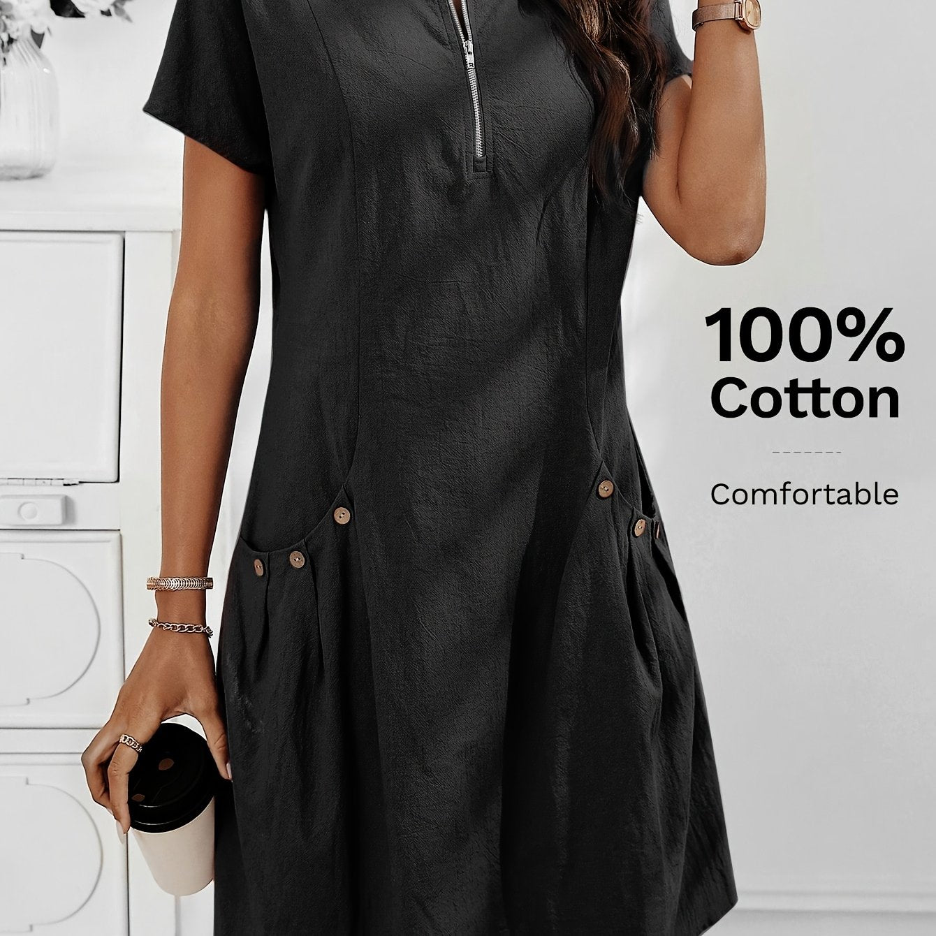 Lässiges Midikleid für Damen mit Reißverschluss und Taschen