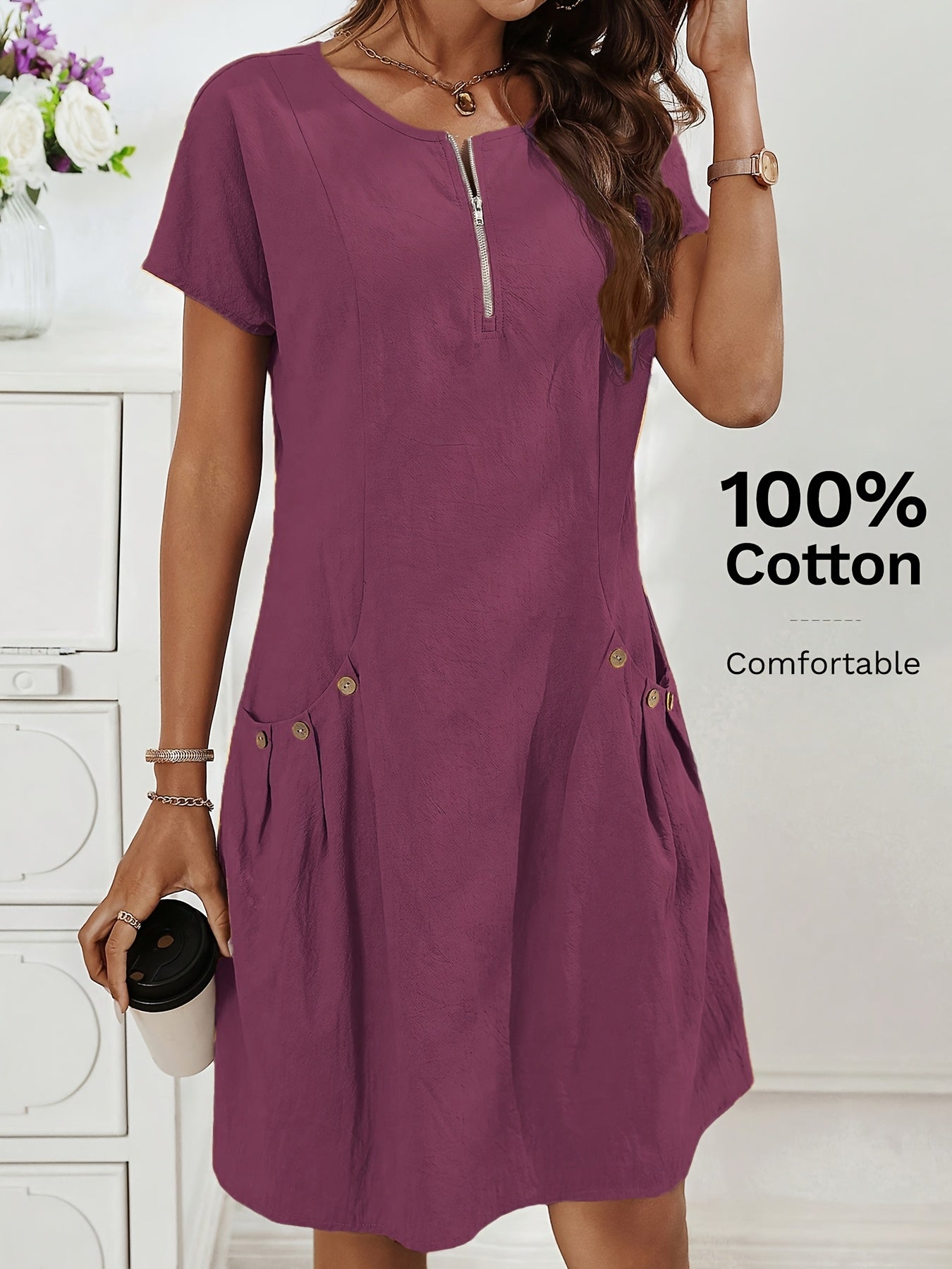 Lässiges Midikleid für Damen mit Reißverschluss und Taschen