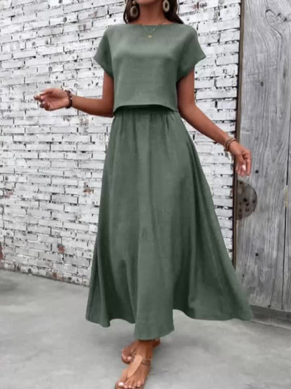 2-Piece Women's Solid Color Short Sleeve Top and Casual A-Line Skirt Set