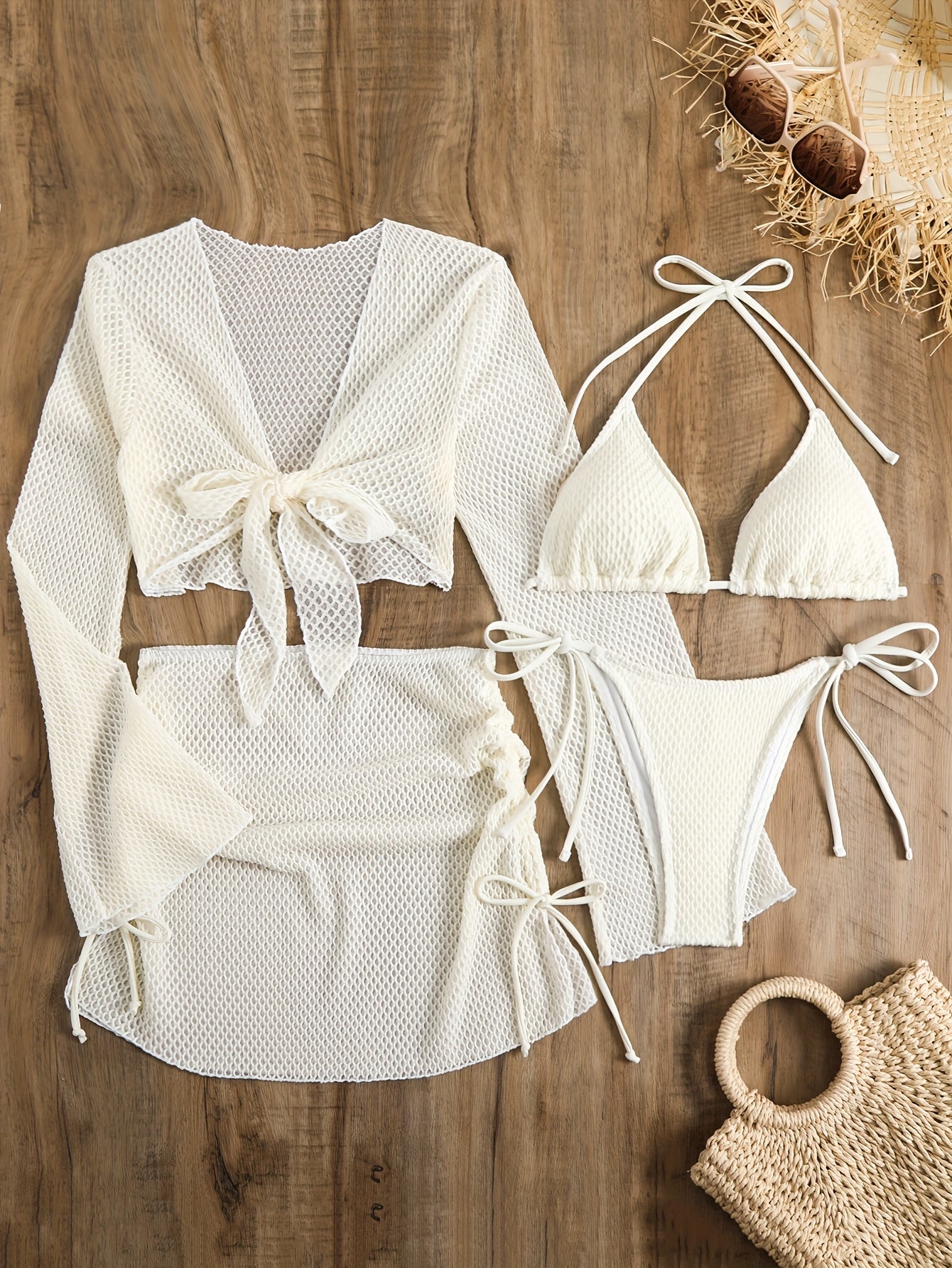 Lauvoco Women's 4-Piece Swimwear Set with Off-Shoulder Cover-Up and Mesh Skirt