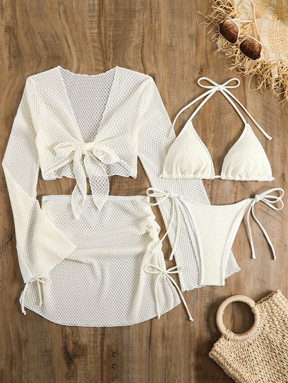 Lauvoco Women's 4-Piece Swimwear Set with Off-Shoulder Cover-Up and Mesh Skirt