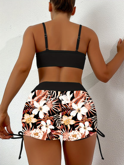 Conservative Flat Leg Drawstring Bikini Set with Tropical Plant Print