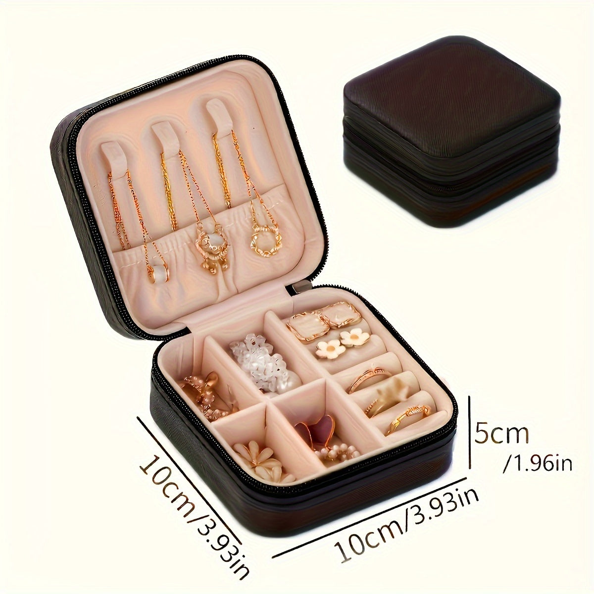 Luxurious Faux Leather Jewelry Organizer Box with Zipper and Multiple Compartments