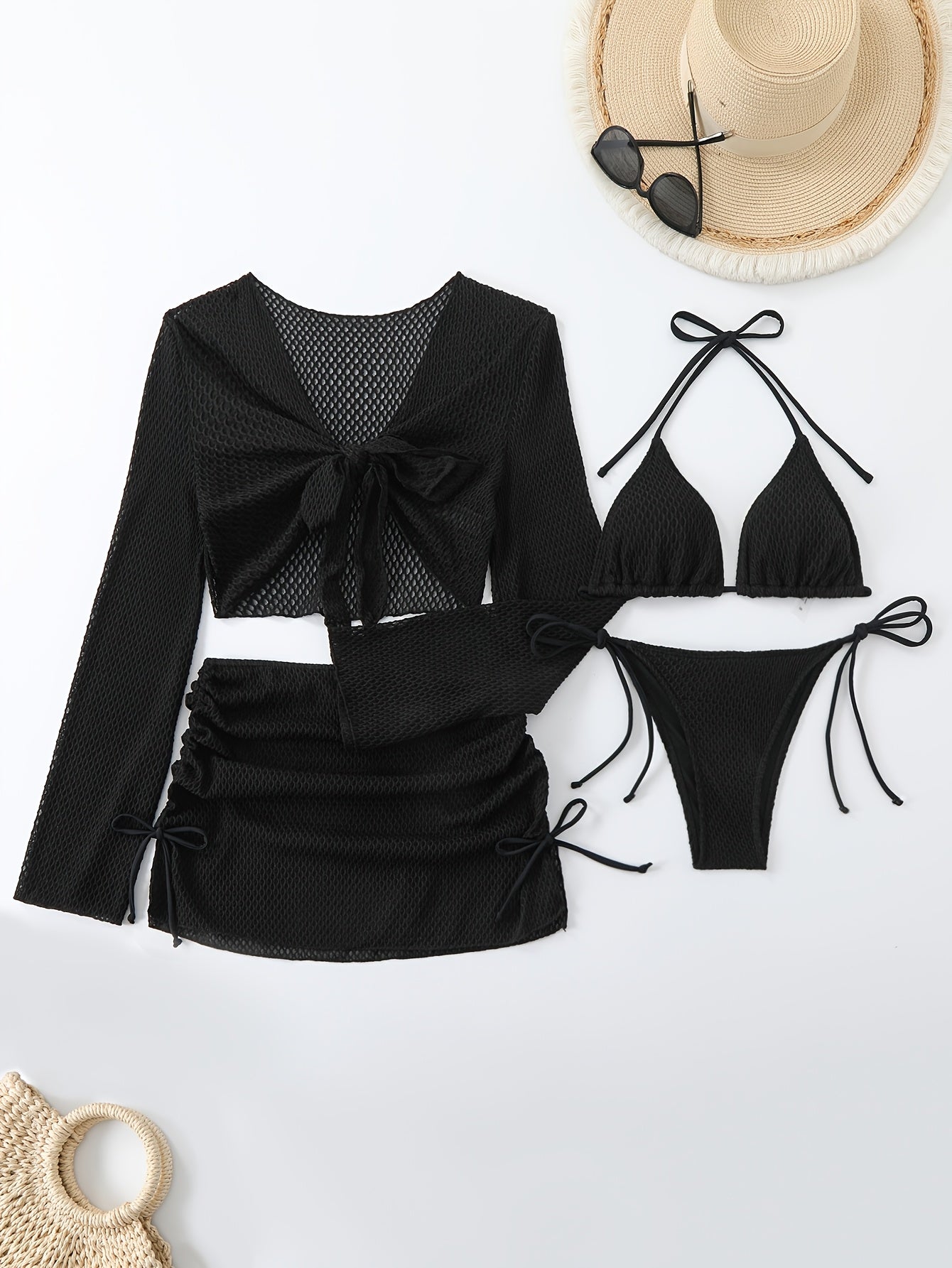 Lauvoco Women's 4-Piece Swimwear Set with Off-Shoulder Cover-Up and Mesh Skirt