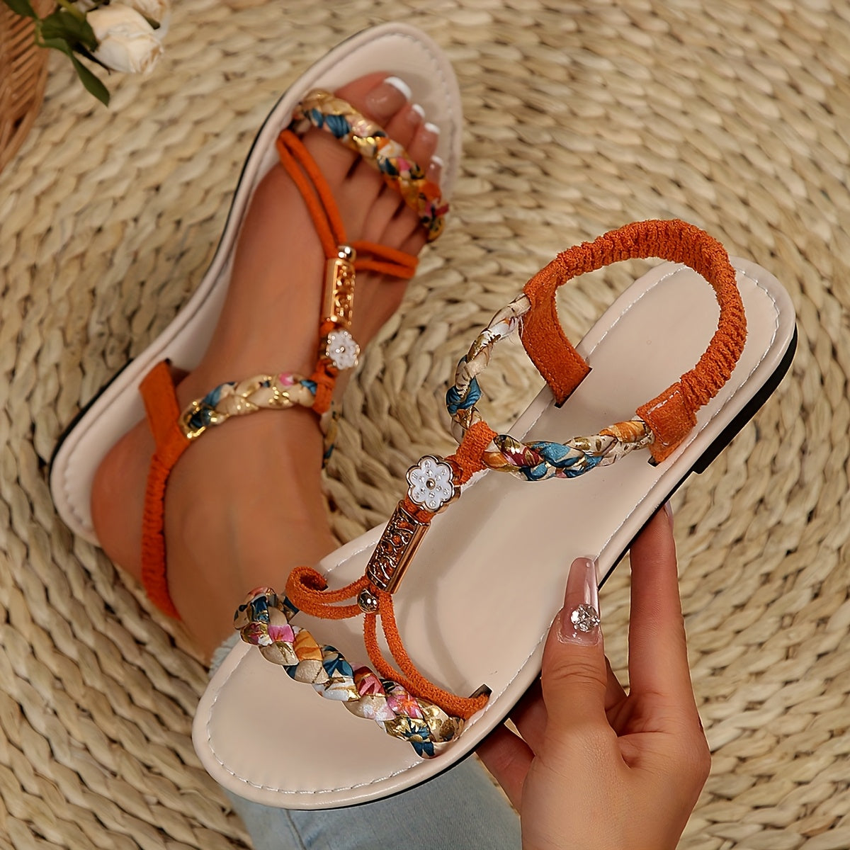 Women's Lightweight Braided Sandals with Elastic Strap and Non-Slip Sole