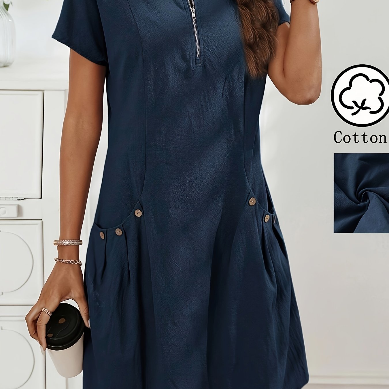 Lässiges Midikleid für Damen mit Reißverschluss und Taschen